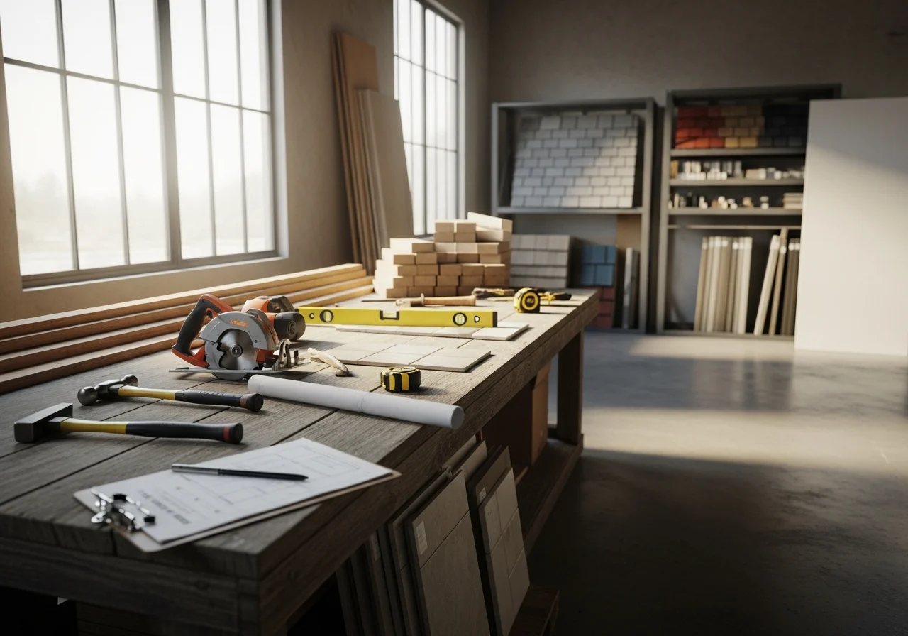 General contracting shop floor and tools of the trade, representing home remodeling and construction services.