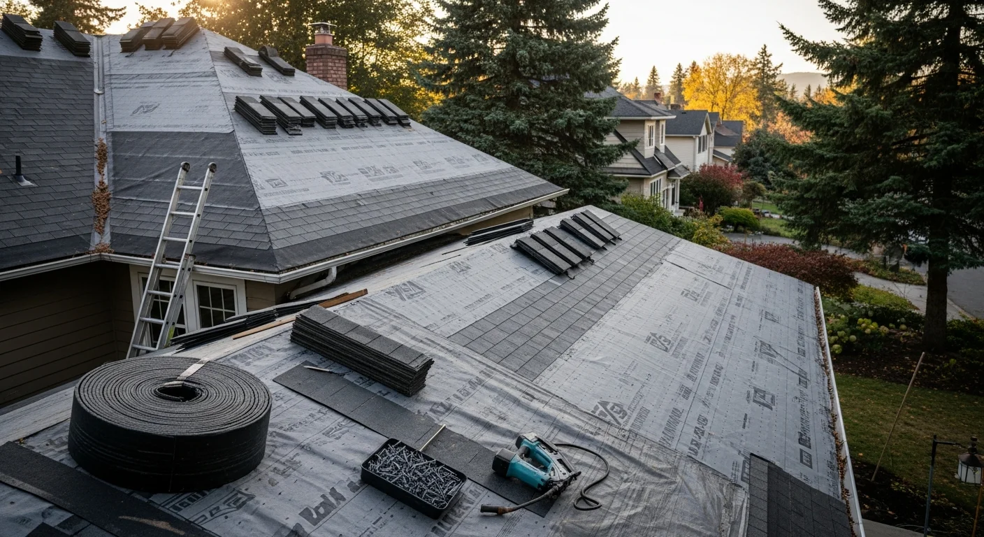 Roofing contractor installing new roof on residential home