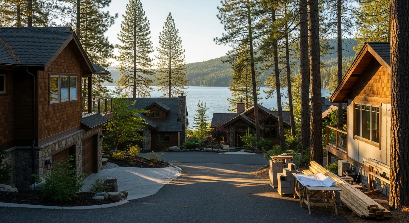 Scenic lakefront homes and residential properties along Coeur d'Alene's shoreline with Spokane-area neighborhoods in the background.