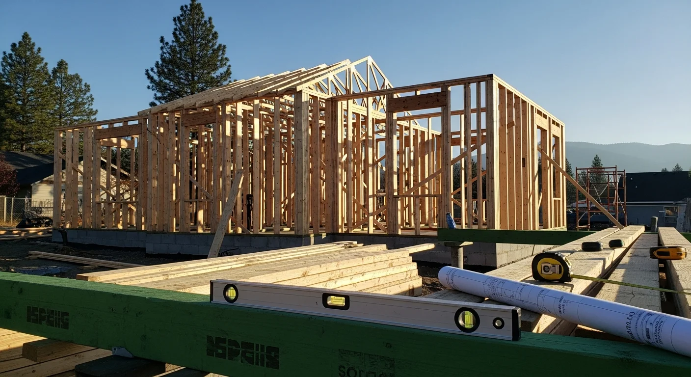 A newly constructed detached accessory dwelling unit in a Coeur d'Alene residential backyard, featuring a covered entry, wood-framed exterior, and a separate entrance from the primary home. The finished structure sits on a landscaped lot with the main house visible in the background.