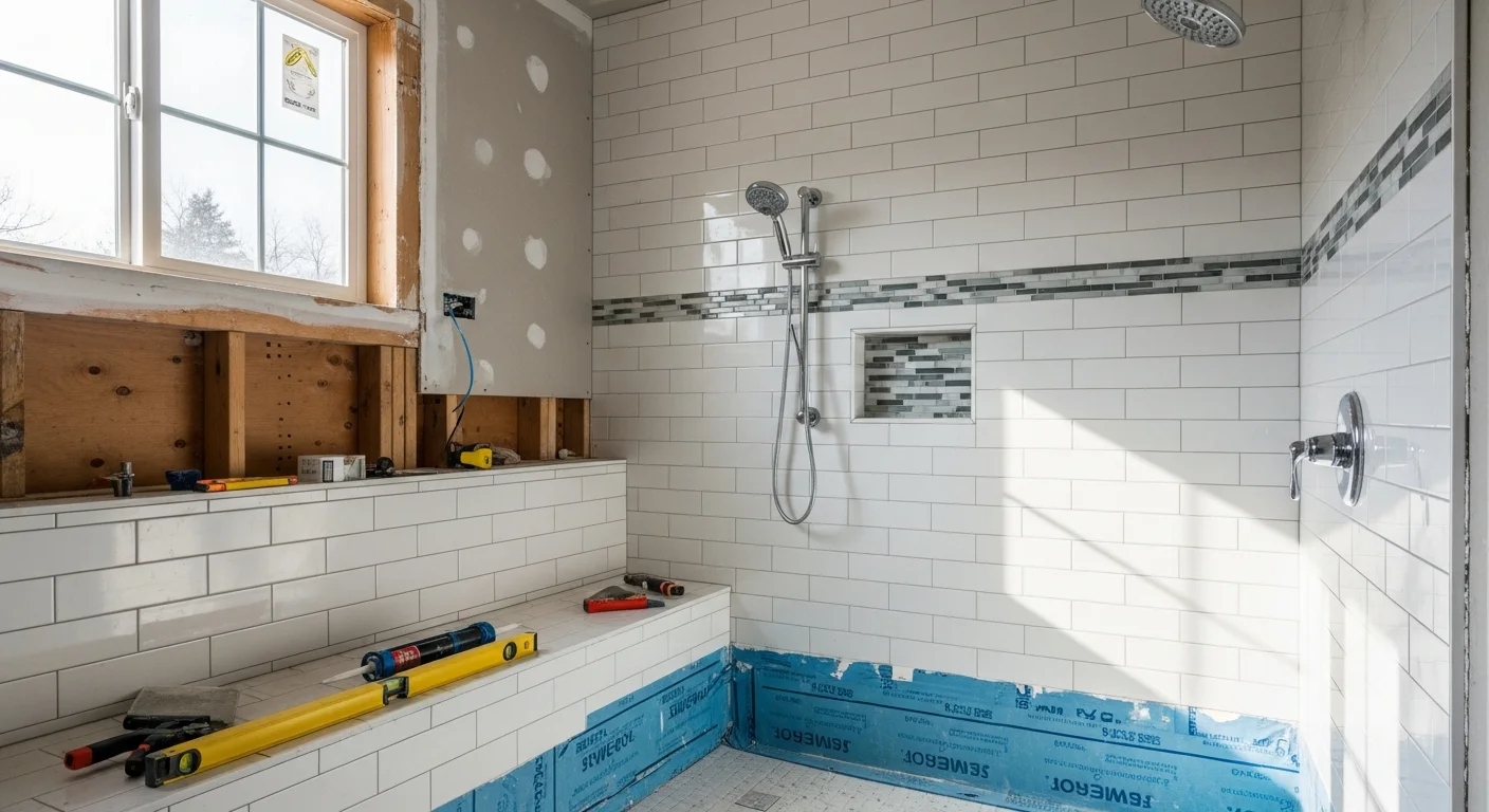 A finished bathroom remodel in a Coeur d'Alene home showing a tiled walk-in shower, updated vanity, and new flooring completed by Copper Mountain General Contracting. The space reflects clean lines and practical layout suited to North Idaho residential construction.