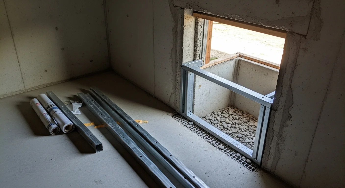 A newly installed basement egress window with a metal window well and drain visible at the exterior foundation wall of a residential home in Coeur d'Alene, Idaho. The window opening meets code-required dimensions and shows clean concrete cutting with weatherproofed framing.