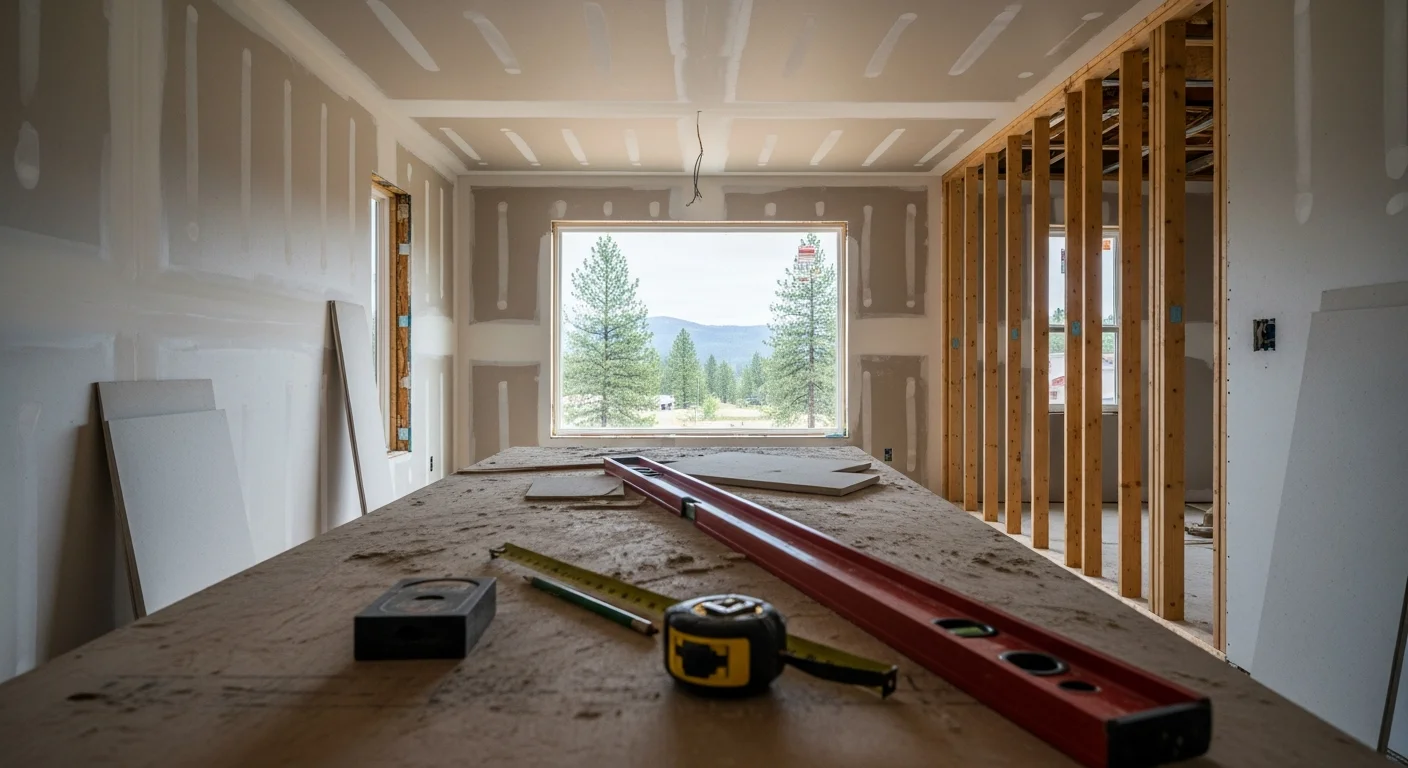 A renovated open-concept kitchen and living area inside a Coeur d'Alene home, featuring updated cabinetry, new flooring, and a reconfigured layout. The space reflects a finished general contractor renovation built for North Idaho residential conditions.
