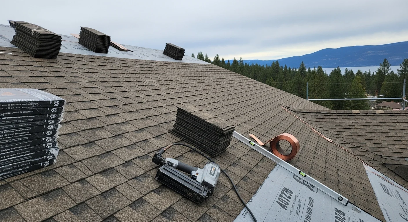 A newly installed residential roof on a single-story home in Coeur d'Alene, Idaho, showing clean ridge lines and uniform shingle coursing against a backdrop of North Idaho tree cover. A Copper Mountain General Contracting crew works on the slope with safety equipment in place.