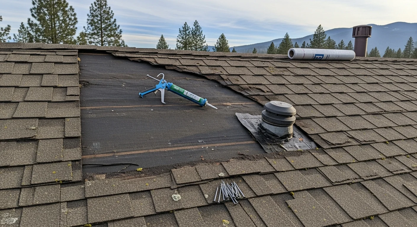 A Copper Mountain General Contracting crew member repairing damaged shingles and flashing on a residential roof in Coeur d'Alene, Idaho, with snow-dusted tree lines visible in the background. Close-up view shows replaced shingles and sealed flashing joints along the roofline eave.