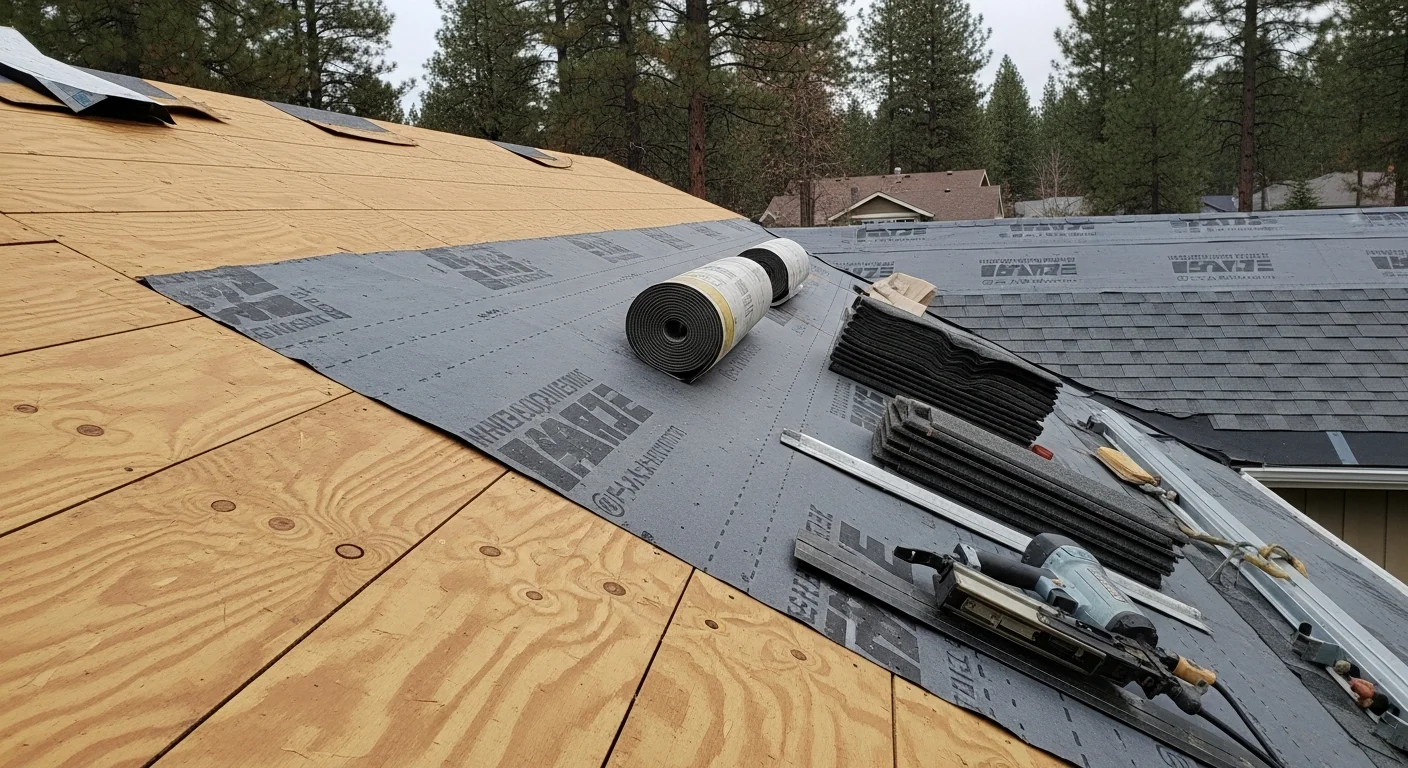 A completed residential roof replacement on a two-story home in Coeur d'Alene, Idaho, showing new shingles, clean ridge lines, and updated flashing around the chimney. The surrounding wooded lot and overcast North Idaho sky are visible in the background.
