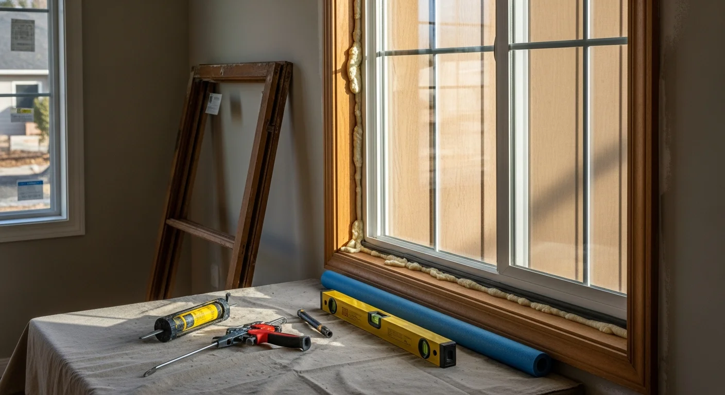 A freshly installed double-pane window on a single-family home in Coeur d'Alene, Idaho, with clean exterior trim and a view of a tree-lined residential street. The new frame sits flush against the siding with visible weatherseal along the perimeter.