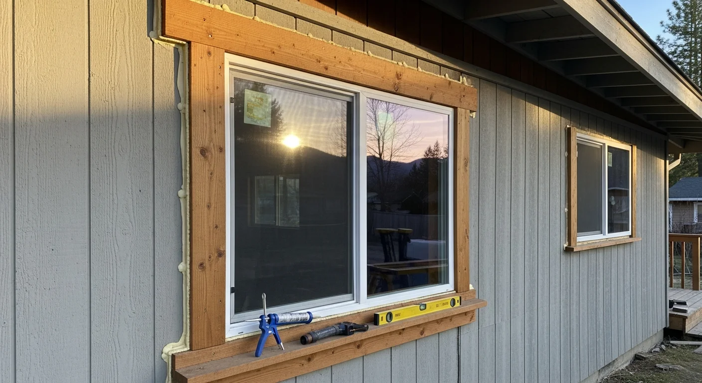 A Coeur d'Alene single-family home with newly installed replacement windows, showing clean frames and clear glass against a North Idaho residential streetscape. The finished installation reflects a full-frame replacement on a mid-century style home with no visible gaps or old caulking around the window edges.